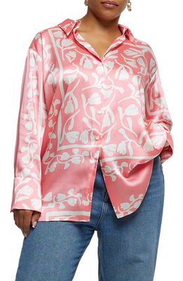 River Island Oversize Vine Print Satin Button-Up Shirt in Coral