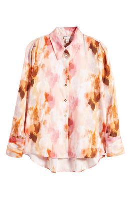 River Island Oversize Watercolor Print Satin Button-Up Blouse in Pink