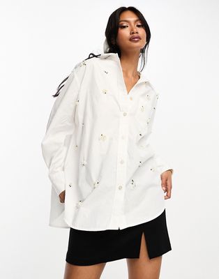 River Island oversized pearl embellished shirt in white