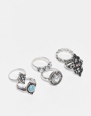 River Island pack of 6 pearl and turquoise stone rings in silver tone