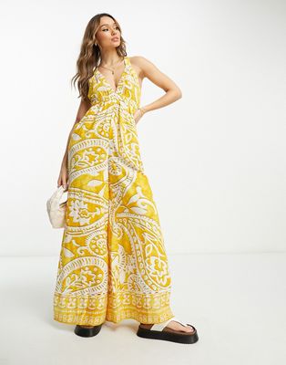 River Island paisley print plunge wide leg beach jumpsuit in yellow