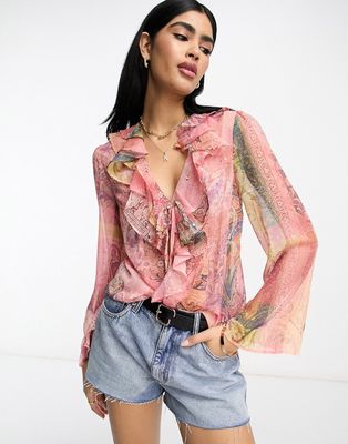 River Island paisley ruffle blouse in pink