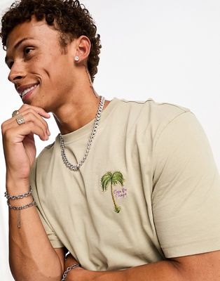 River Island palm embroidered t-shirt in stone-Neutral