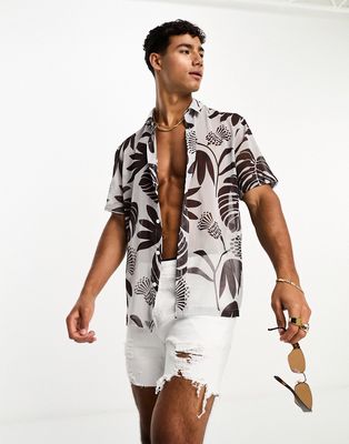 River Island palm sheer shirt in ecru-Neutral