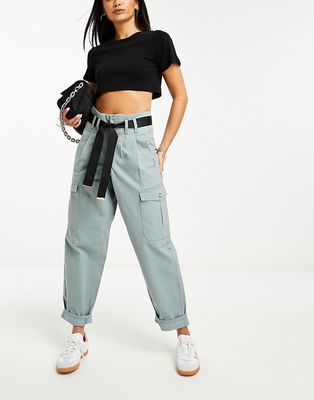 River Island paper bag belted cargo pants in blue