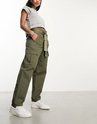 River Island paper bag belted cargo pants in green
