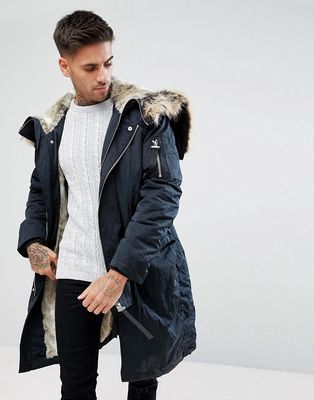 River Island Parka Jacket With Faux Fur Lining In Navy-Blue