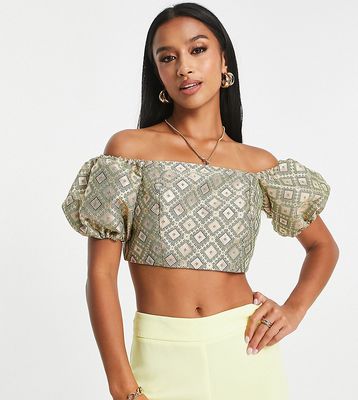 River Island Petite bandeau puff sleeve top in gold