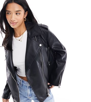 River Island petite faux leather oversized biker jacket in black