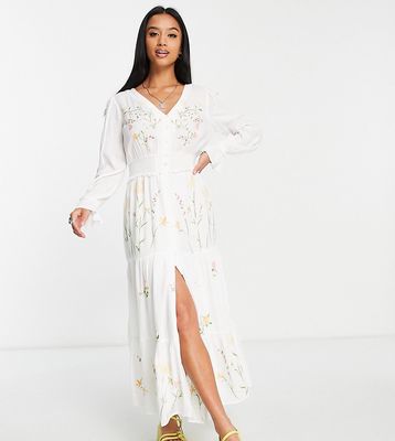 River Island Petite floral embroidered midi dress in cream-White