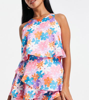 River Island Petite floral frill layer romper in bright pink