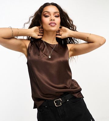 River Island Petite high neck satin top in brown