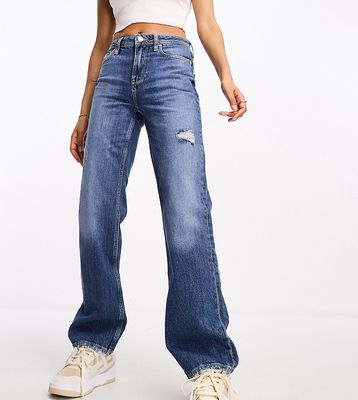River Island Petite high waist straight leg jeans in mid blue wash