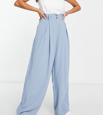 River Island Petite pleated wide leg dad pants in light blue