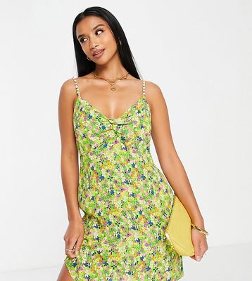 River Island Petite slip mini dress with bead strap detail in green floral