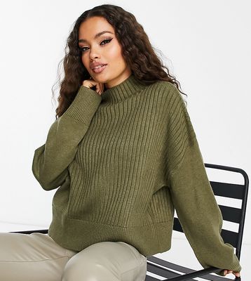 River Island Petite spliced front ribbed sweater in khaki-Green