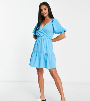 River Island Petite textured wrap mini dress in bright blue