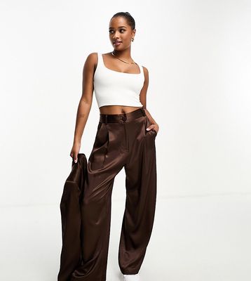 River Island Petite wide leg pleated dad pants in dark brown - part of a set
