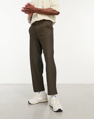 River Island plisse tapered pants in khaki-Green
