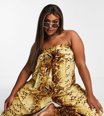 River Island Plus bandeau tie back jumpsuit in snake print-Yellow