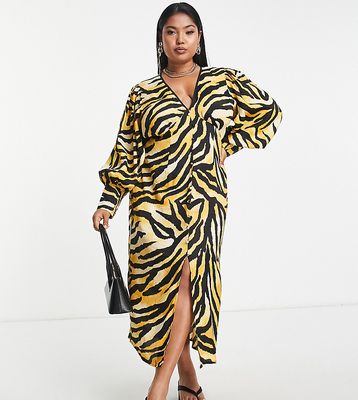 River Island Plus button up animal print midi dress in brown