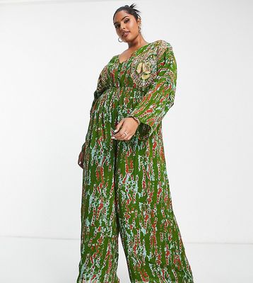 River Island Plus embellished floral jumpsuit in green