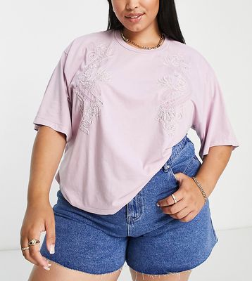 River Island Plus embroidered T-shirt in light purple