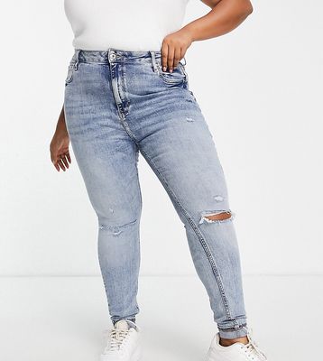 River Island Plus high rise sculpt skinny ripped jean in blue
