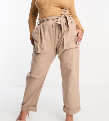 River Island Plus linen mix belted utility pants in beige-Neutral