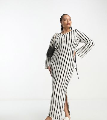 River Island Plus midi dress with flute sleeves in cream and white stripe