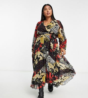 River Island Plus pleated wrap midaxi dress in mixed print-Black