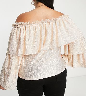 River island Plus plisse bardot top in cream-Silver