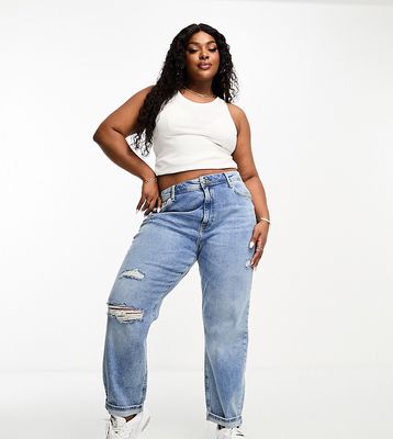 River Island Plus ripped mom jeans in mid blue wash