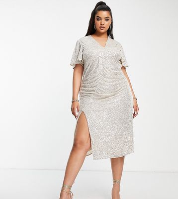 River Island Plus ruched sequin midi dress in silver