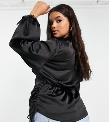 River Island Plus ruched wrap satin shirt in black