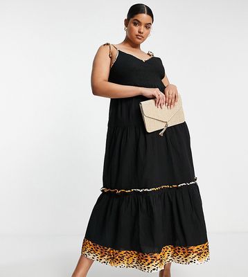 River Island Plus shirred cami midi dress with animal print trim in black