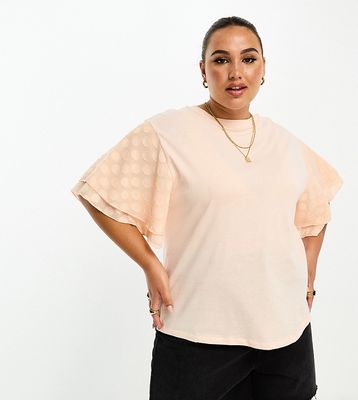 River Island Plus textured frill sleeve top in coral-Pink