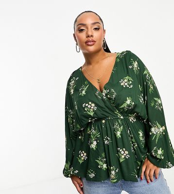 River Island Plus wrap floral wrap top in green