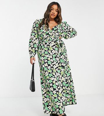 River Island Plus wrap front floral midaxi dress in green