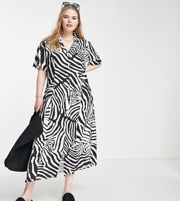 River Island Plus zebra midi shirt dress in black