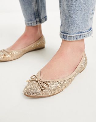 River Island pointed heatseal detail ballet flats in gold