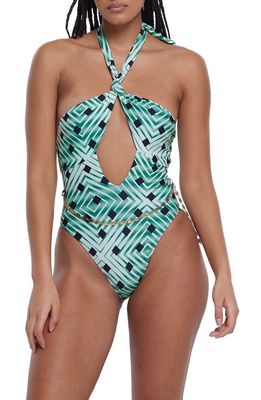 River Island Print Chain Belt One-Piece Swimsuit in Green