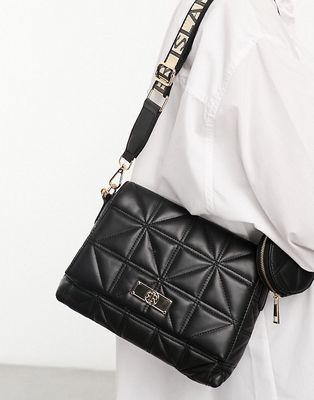 River Island quilted cross body bag with gold chain detail in black