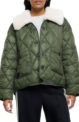 River Island Quilted Jacket with Removable Faux Fur Collar in Khaki