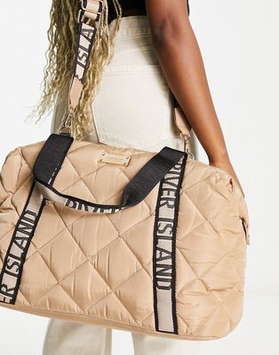 River Island quilted weekend bag in beige-Neutral