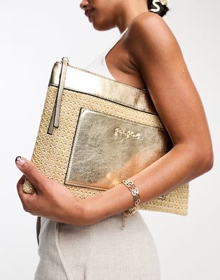 River Island raffia clutch bag with gold trim-Neutral