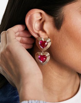 River Island red heart charm drop earrings-Gold