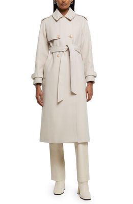 River Island Relaxed Fit Belted Longline Trench Coat in Cream
