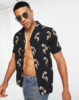 River Island revere short sleeve shirt with floral print-Black