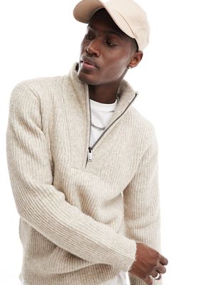 River Island ribbed chunky half zip sweater in beige-Neutral